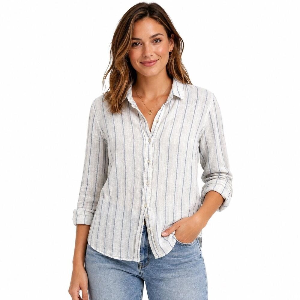 Joie Shirt Womens Small White Blue Striped Linen Button Front Long Sleeve Top